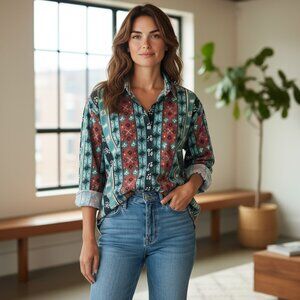 VTG Woolrich Cotton Flannel Button-Up Shirt Wm Sz XL Aztec Tribal Southwest 223J